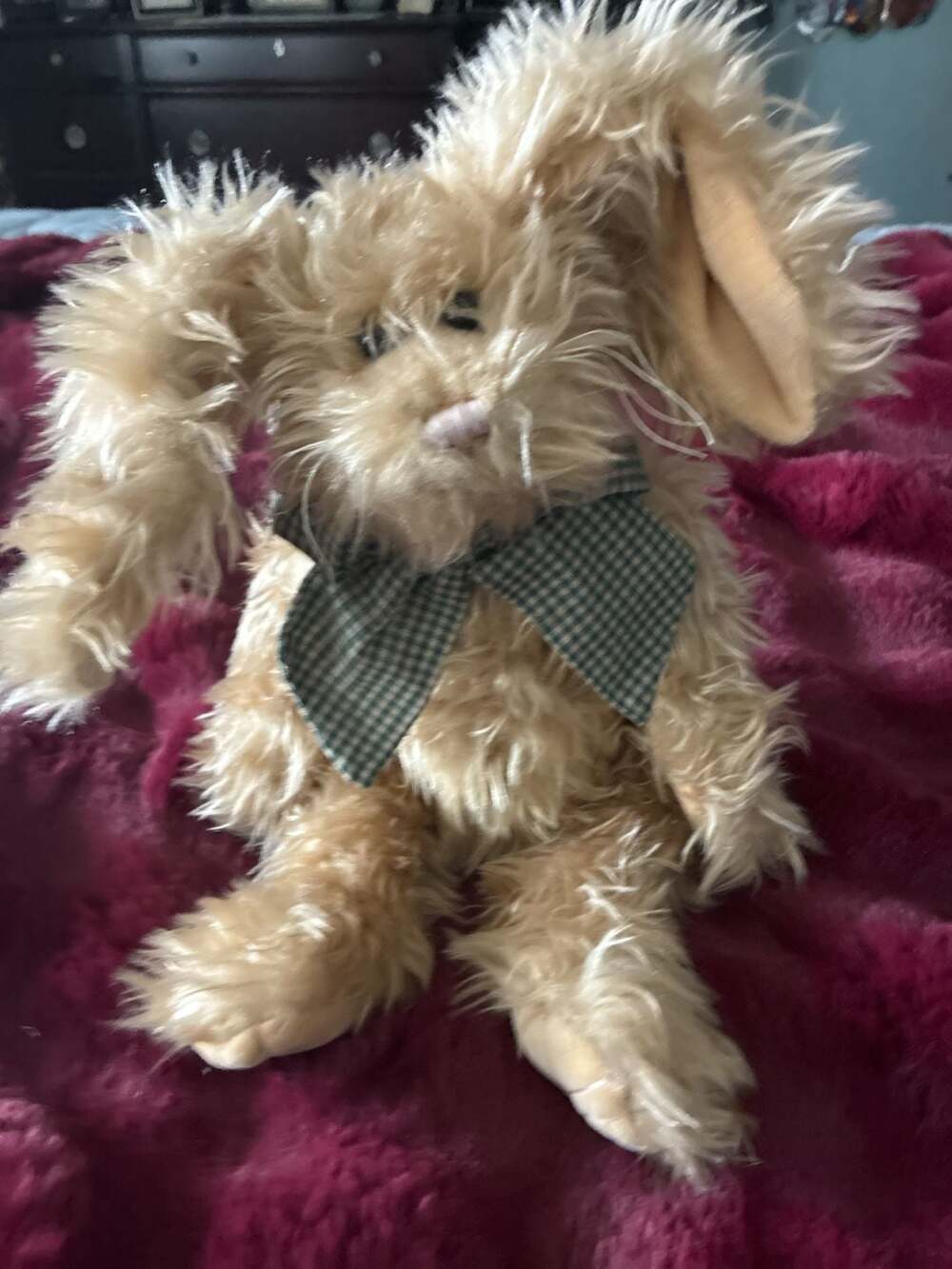 The Bearington Collection Tan Shaggy Plush Bunny Rabbit w/ Gingham Bow A524